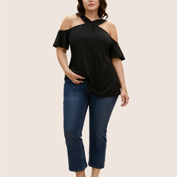 Bloomchic Solid Overlap Collar Ruffle Sleeve T-Shirt - Picture 3 of 7
